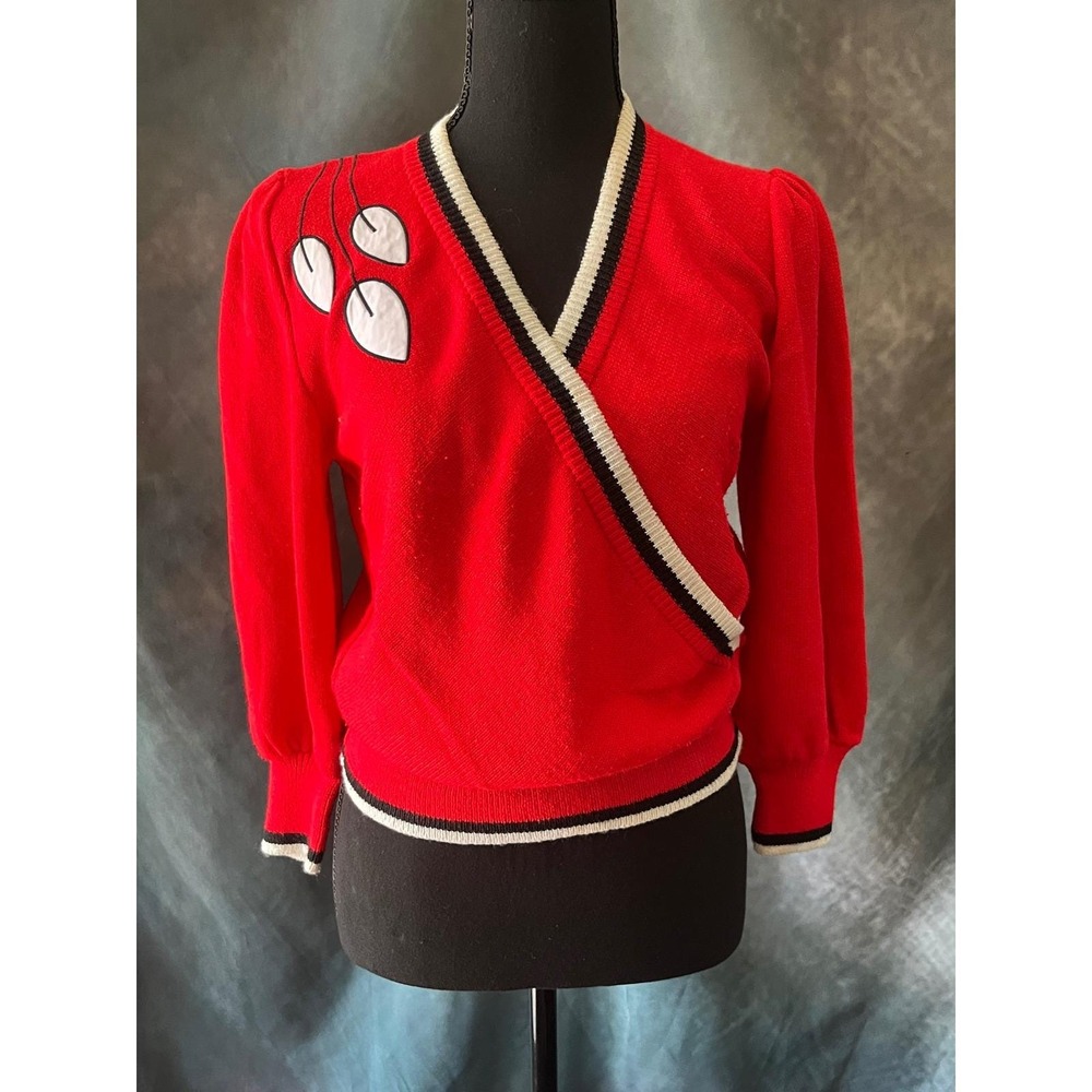 Vintage Laura by Alyzia Red Wrap‎ Sweater Size Small Petal Applique Black White